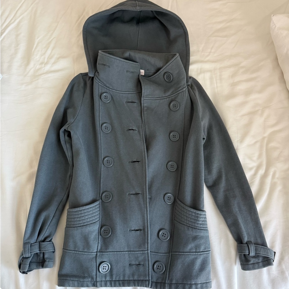 Gray Hooded Double-Breasted Coat